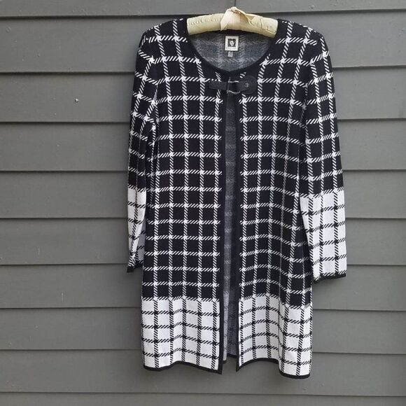 Anne Klein Long Black White Tattersall Plaid Cardigan Medium - Picture 1 of 12